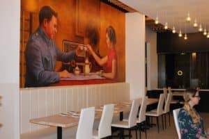 Interiors, seating and mural at Bai Wei Chinese restaurant in Philly