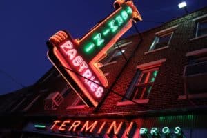 Neon sign outside Termini Bros Bakery in Philly